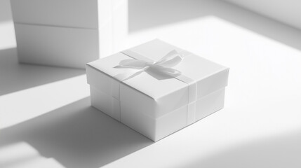 Fototapeta premium Elegant white gift box with ribbon in soft natural lighting
