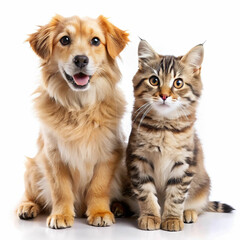 Fototapeta premium A cute dog and cat sitting together, isolated on a white background,