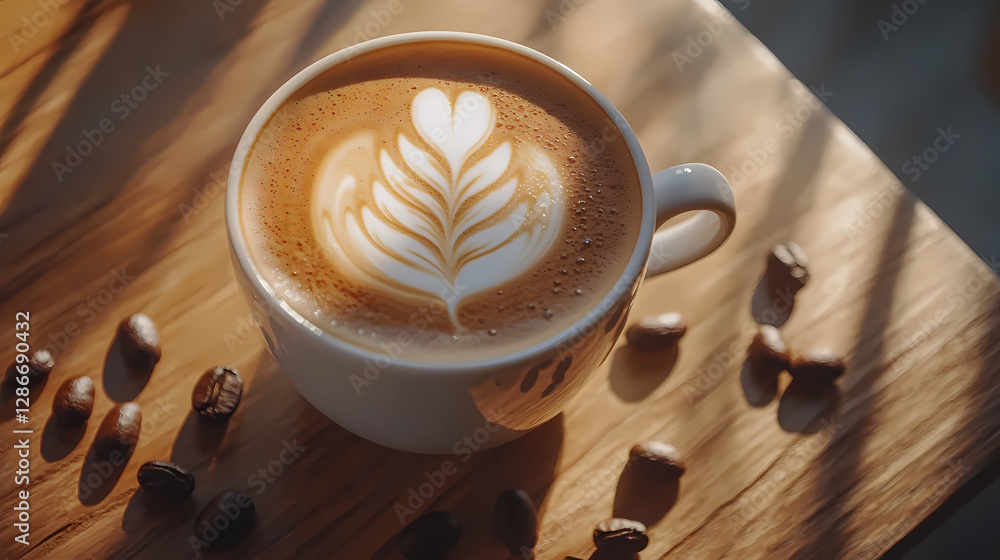 Poster artistic latte delight: captivating top-down shot of a latte with artistic foam, resting on a rustic