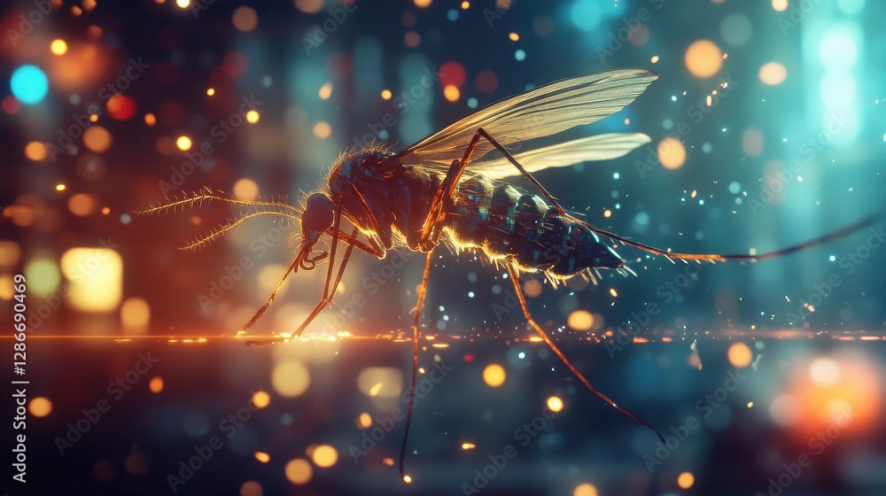 Poster close-up of a mosquito with sparkling background and colorful bokeh effects at night