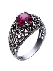 Fototapeta premium Silver filigrane ruby ring isolated on a white background, jewelry.