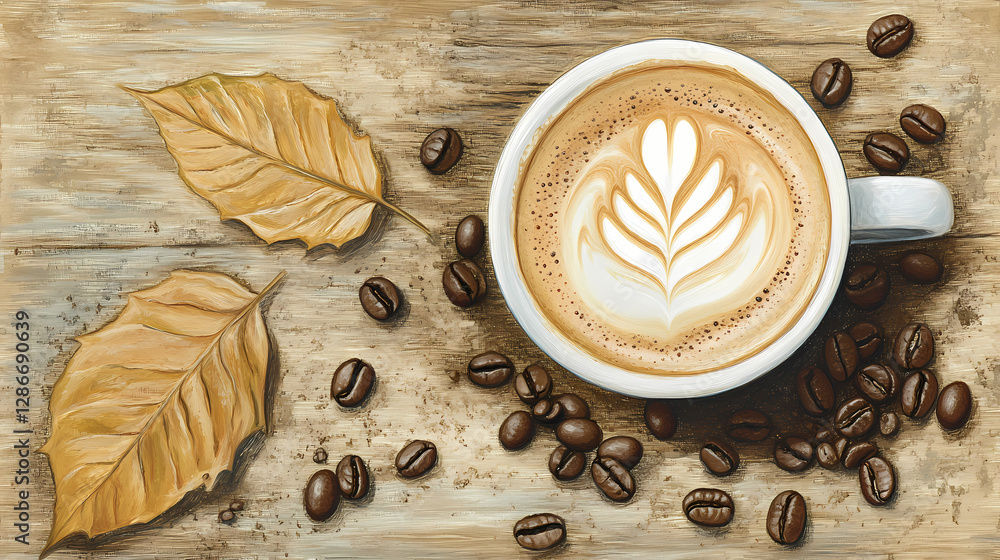 Poster artisan latte and autumn ambiance: an overhead shot of a meticulously crafted latte adorned with art