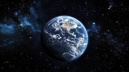 Fototapeta premium A blue and white planet in the middle of the night sky. The planet is surrounded by a lot of stars