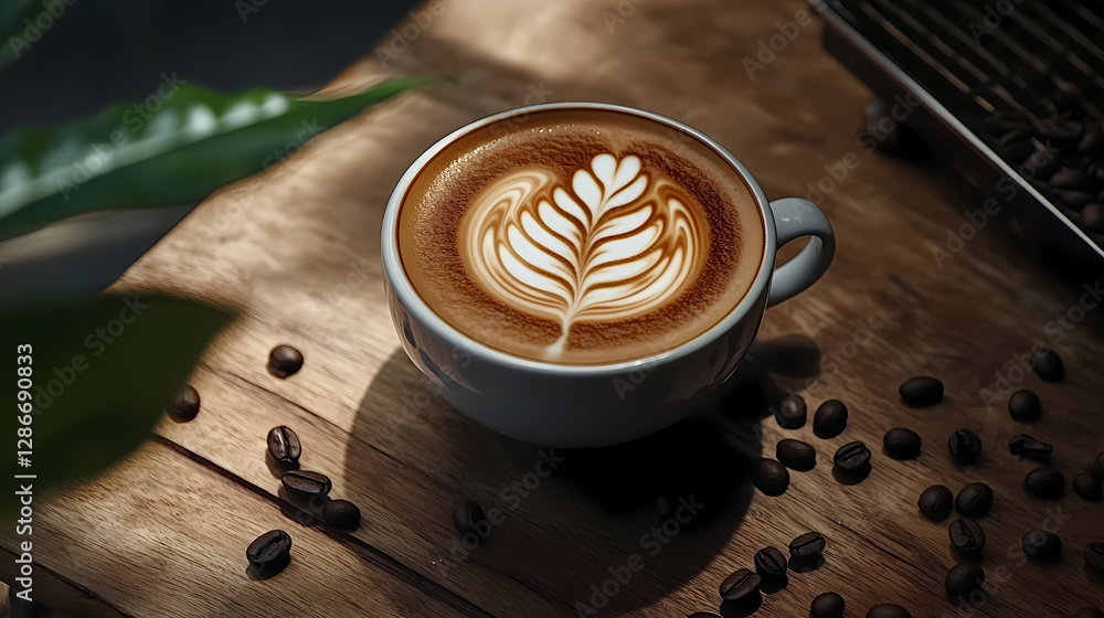Poster latte art: an overhead shot captures a meticulously crafted latte with delicate leaf-like patterns r