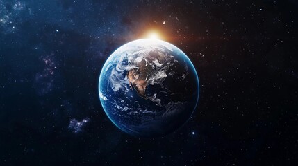 A blue and white planet with a sun in the sky. The planet is surrounded by stars and the sky is dark