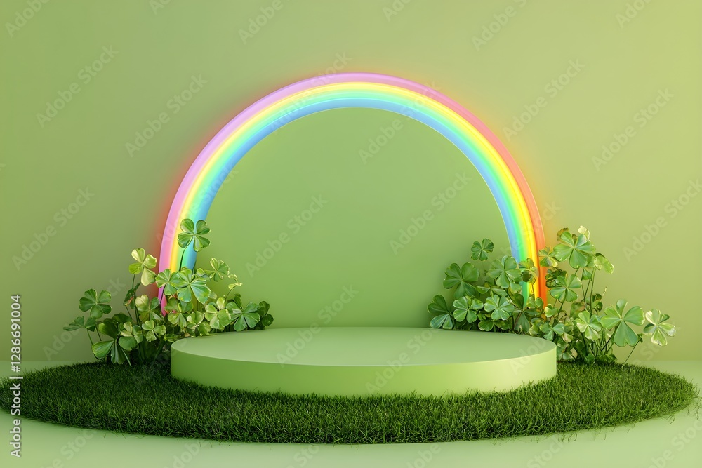Poster round podium with rainbow arch on green grass background with clover leaves. st patrick's day decora