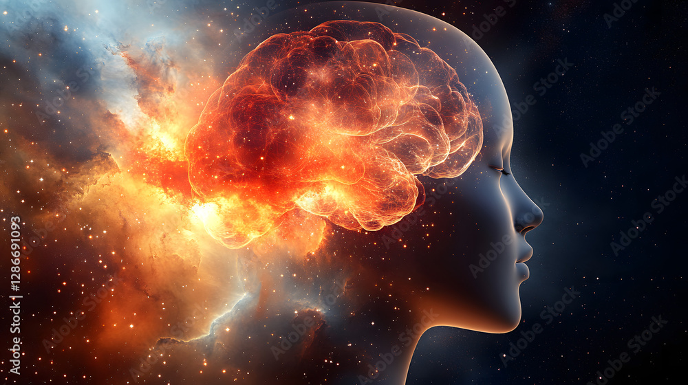 Poster womans head silhouette with a colorful nebula background and cosmic elements in a surreal artistic r