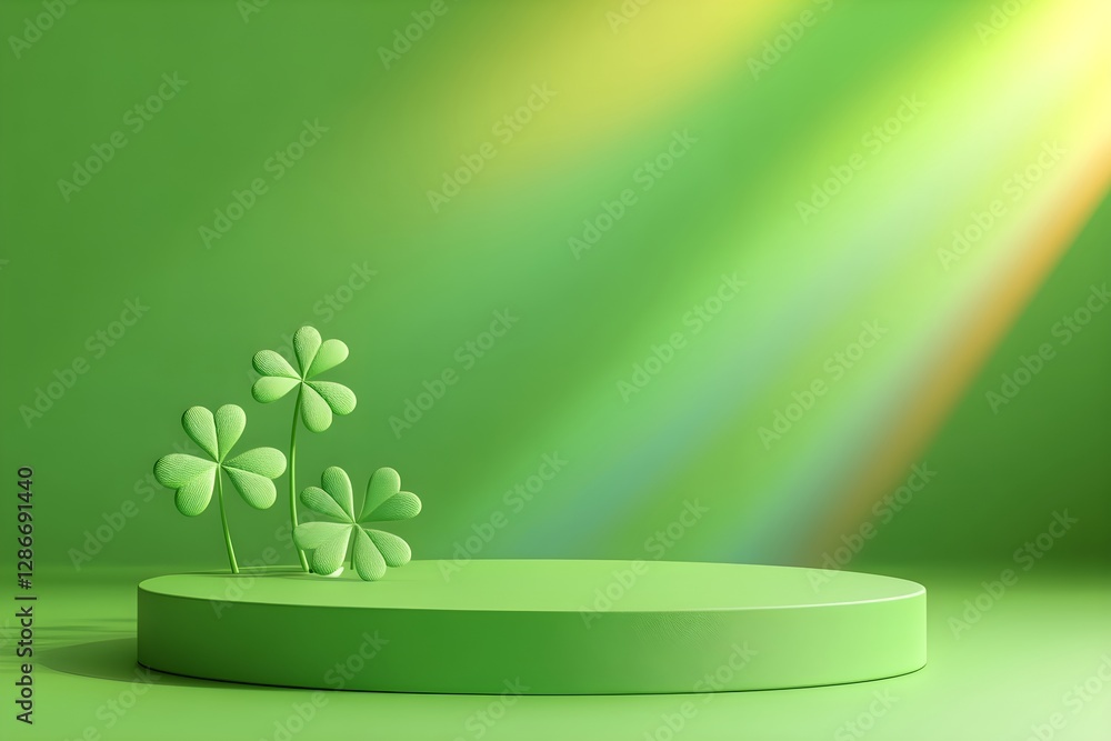 Poster green podium with shamrock leaves on blurred background with light rays. st patrick's day stage disp