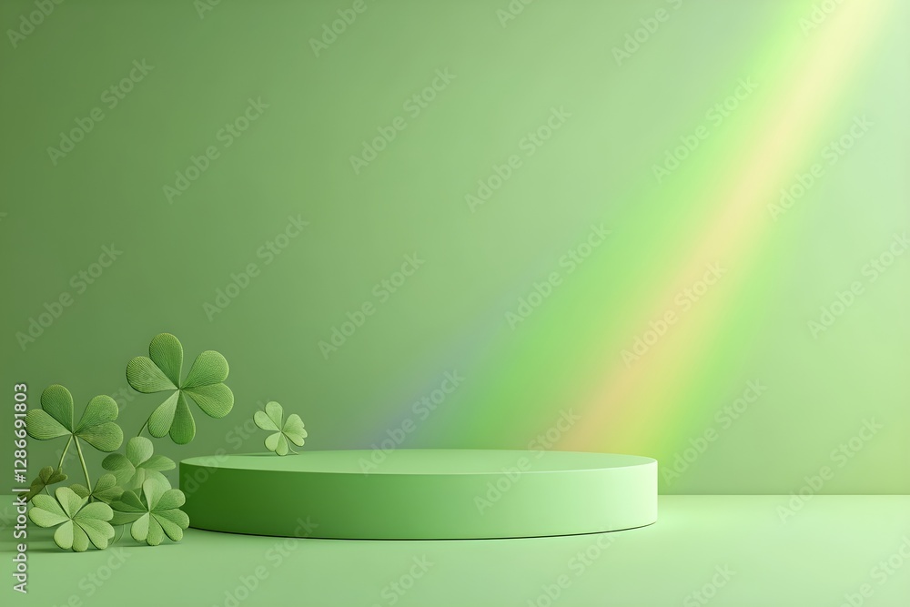 Poster green podium with shamrock decorations and rainbow reflection on mint background. st patrick's day d