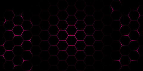 Abstract Black and Magenta Honeycomb Texture. Sci-Fi Hexagonal Tech Background with Glow. Vector. Illustration. Hexagon.
