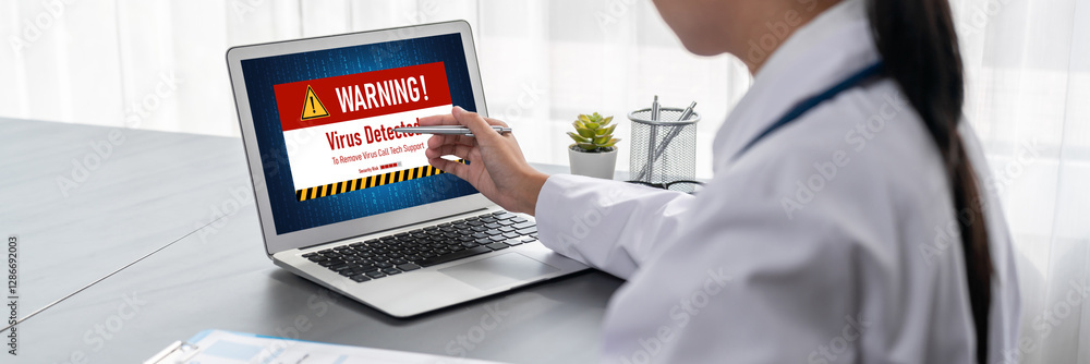 Poster virus warning alert on computer screen detected brisk cyber threat , hacker, computer virus and malw