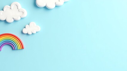 Minimalist digital illustration of a vibrant rainbow arching against a light blue sky with fluffy white clouds, creating a serene and whimsical atmosphere.