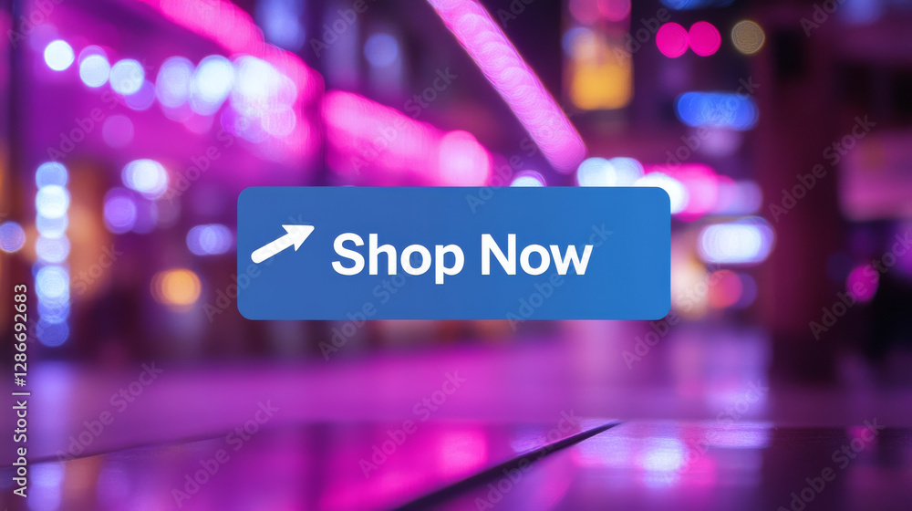 Poster 3d click on shop now button in online shop. web banner for buy and cursor icon. arrow cursor and but