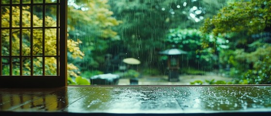 A serene view from inside a wooden house, raindrops streak down the glass, revealing a lush, green garden, inviting tranquility and reflection.