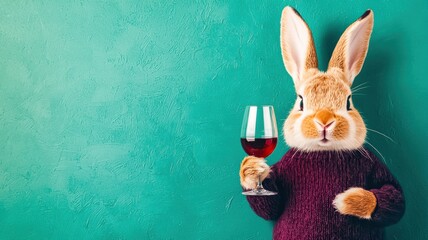 A whimsical rabbit in a sweater holds a glass of red wine against a vibrant green background, Easter