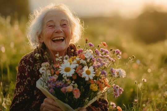 A joyful senior woman with a radiant smile, holding a beautiful wildflower bouquet in a golden meadow, celebrating life with happiness and gratitude in nature.