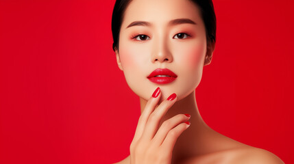 A close-up portrait of an elegant Asian woman with striking red lips and perfectly manicured red nails. Her bold makeup and sophisticated style radiate confidence and glamour. Asia