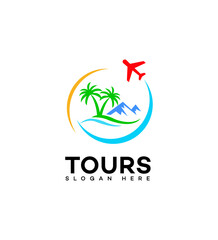Travel Agency Logo Design Tours, Airplane, Beach, Mountains
