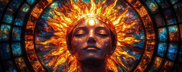Fototapeta premium A stunning stained glass window depicting a serene figure with a radiant sun-like halo, blending warm golds and cool blues in a captivating design.