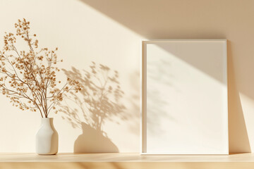 Vase with dried flowers and frame mockup on table near beige wall with shadows. Decorative vase with dried flowers and white frame mockup on wooden shelf