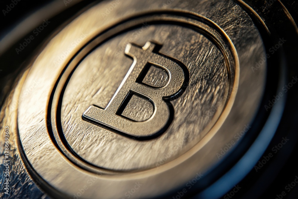 Poster a close-up of a golden bitcoin coin with intricate details, emphasizing the digital currency's textu