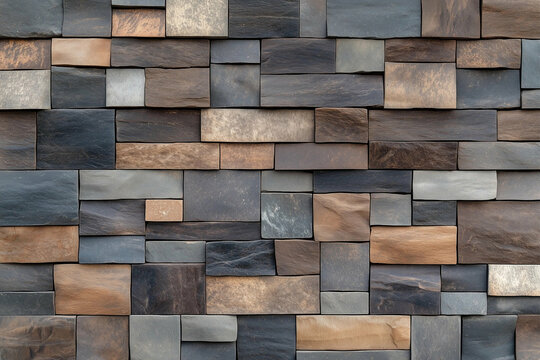 Stone wall background with natural stone blocks in various shades of gray and brown. Stone wall texture with rectangular stones of different sizes and colors. Architecture background with stone wall