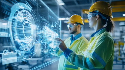 Inside a state-of-the-art factory workshop, two engineers use augmented reality to visualize 3D models of engine components and fuel use efficiency. With the help of VFX and advanc