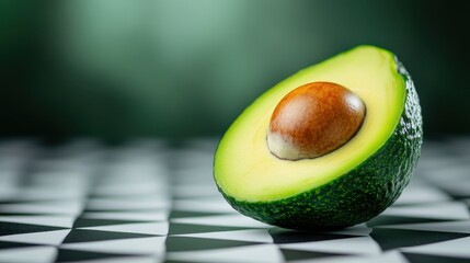 This image features a perfectly halved avocado with a rich green color and a shiny seed, set against a black and white geometric patterned background, highlighting its natural beauty.