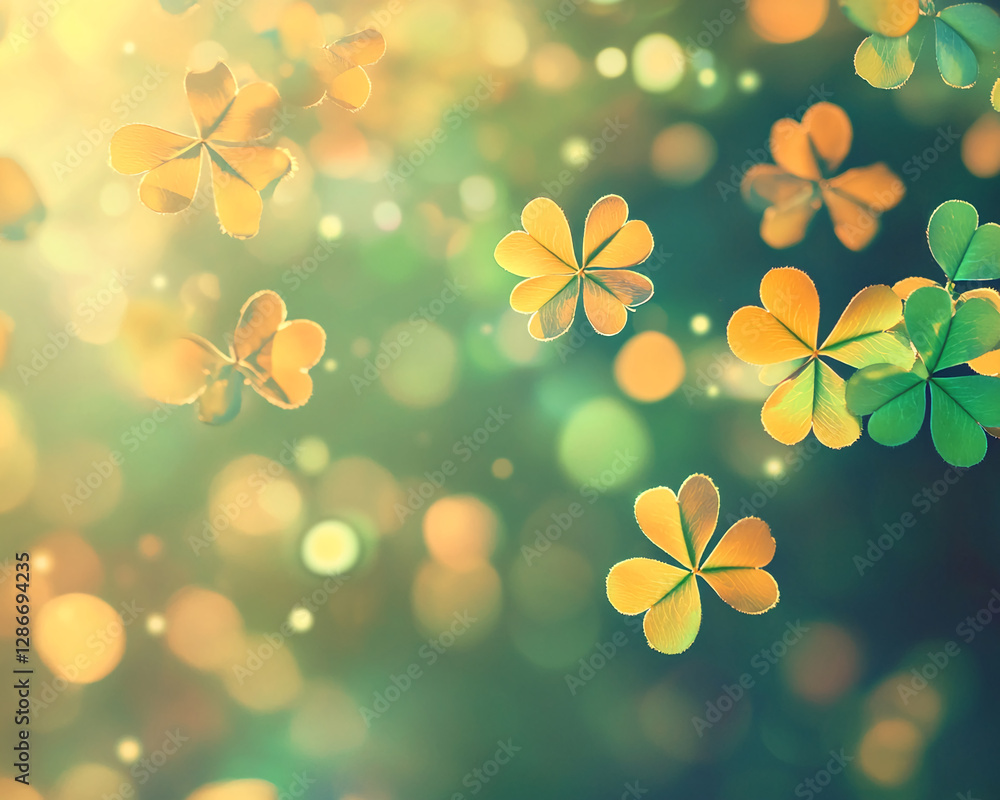 Poster close-up of clover leaves in a mix of vibrant green and golden tones, with soft bokeh background. th