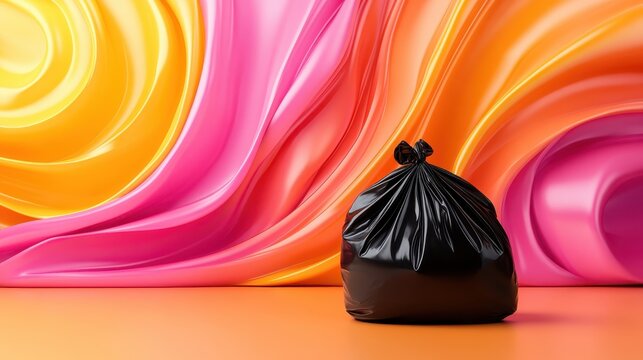 A black trash bag sits seamlessly against an abstract, colorful background, challenging perceptions about waste and urging viewers to reflect on consumption and artistry.