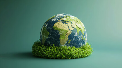 Earth 3D Model Sustained by Lush Greenery Against Green Background, Environmental Earth Day Concept
