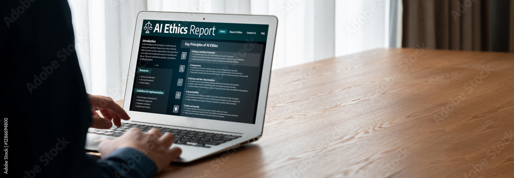 Poster ai ethics responsibility standard law and rules on computer screen provide report of ai ethic transp
