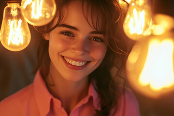 Woman smiling in pink shirt among glowing light bulbs