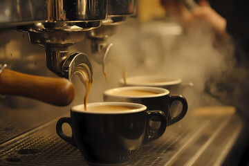 Coffee Pouring into Cups: The rich, dark essence of coffee cascades from a gleaming espresso machine into waiting ceramic cups, the steam curling upwards in a display of warmth and aroma.