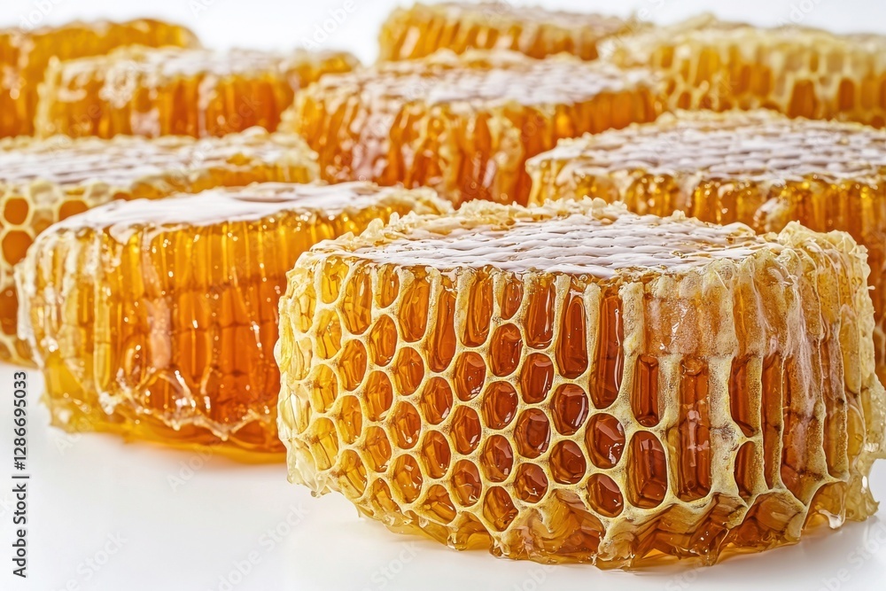 Poster close-up studio shot displaying multiple pieces of fresh honeycomb filled with golden honey, showcas
