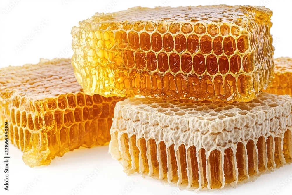 Poster studio shot of a stack of honeycomb pieces displaying natural sweetness and intricate structure, pre