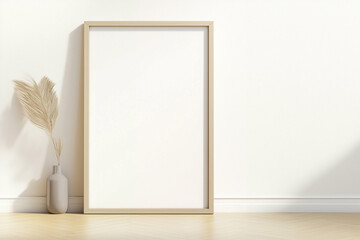 Picture frame mockup with empty frame near vase with pampas grass standing on wooden floor against white wall. Interior decor with blank canvas in frame for mockup in minimalist style