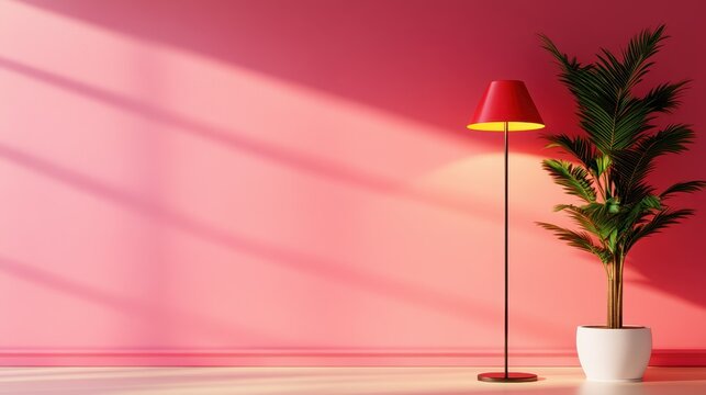 A contemporary ambiance is created by a striking red lamp and a lush plant set against a bright pink wall, casting light and shadows beautifully in this stylish interior.