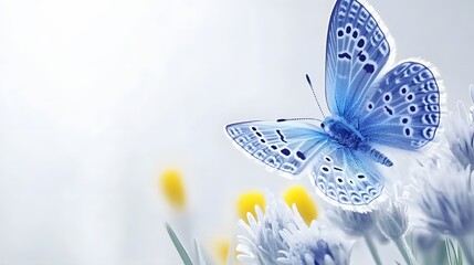 Blue Butterfly Resting on White Flowers Under Soft Natural Light in a Serene Outdoor Setting