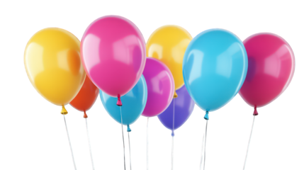 Colorful helium balloons floating gracefully, isolated on a white background. --ar 16:9