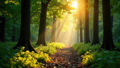 Obraz premium Warm sunlight casting dappled shade on forest floor, natural light, earthy tone, dappled light
