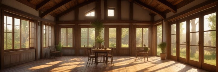 Fototapeta premium Warm sunbeams illuminate the wooden beams of a charming farmhouse, farmhouse charm, wooden beams, inviting entrance