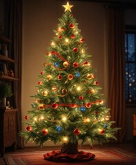Warmly lit traditional Latin American Christmas tree, glowing ornaments, Christmas tree, Christmas traditions