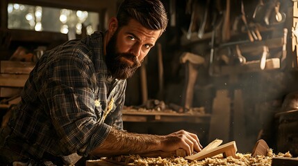 Skilled Woodworker Shaping Wood Shavings in Rustic Workshop with Soft Natural Light