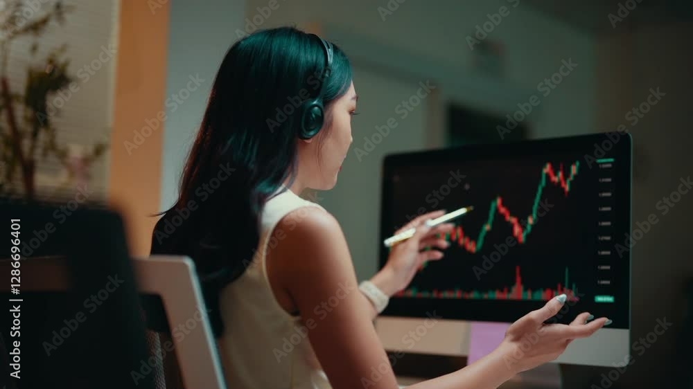 Poster focused stockbroker tracking market data, wearing headset while pointing at financial charts on comp