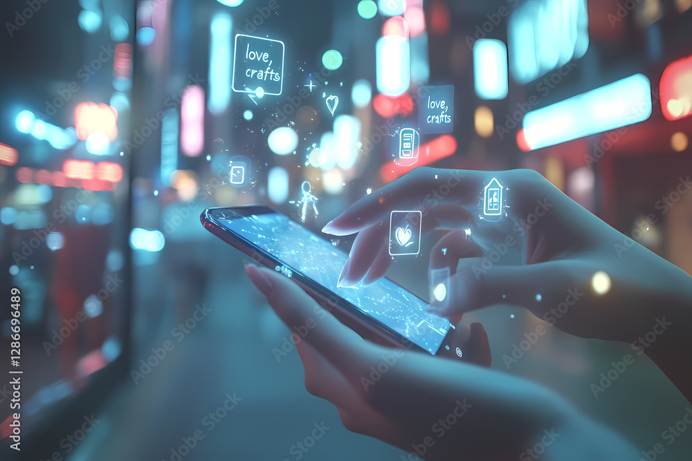 Poster mobile world: capturing the future, hands delicately interact with a smartphone screen adorned with 