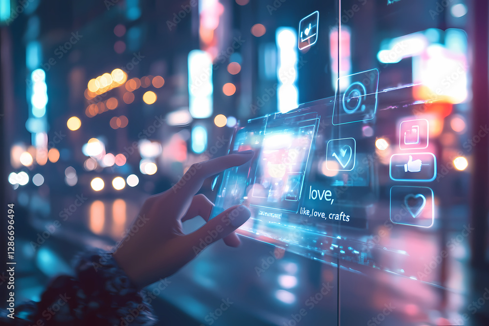 Poster digital interface: a futuristic scene showcasing a hand interacting with a transparent digital inter