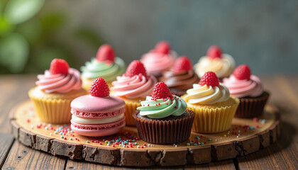 Colorful Cupcakes and Macarons Sweet Delightful Display