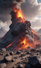 Volcanic ash and rock scattered in the air after an eruption, rocky debris, pyroclastic flows, ash fall