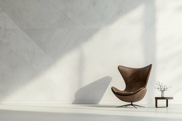 Brown chair near table with flowers in modern interior. Interior with brown chair and table against white wall. Modern interior with chair
